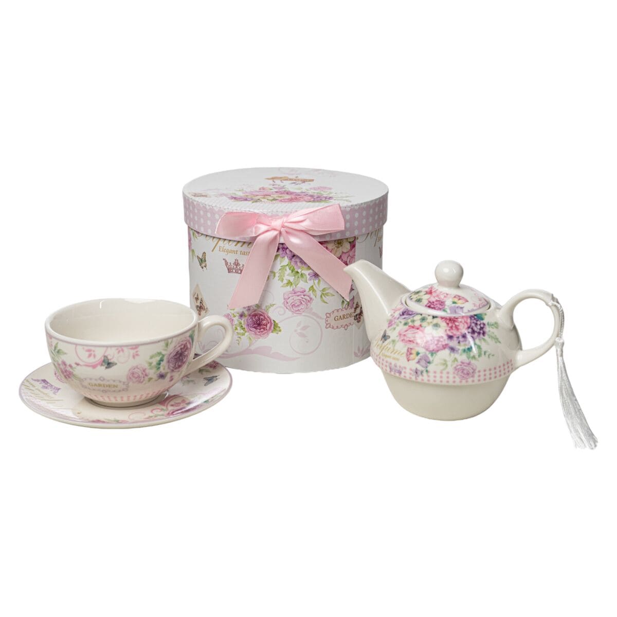 Romimex Haus & Küche, Besteck, Geschirr und Glaswaren Teekannenspiel Romimex Violett aus Keramik 300 ml Tasse mit Untertasse 3 Stücke